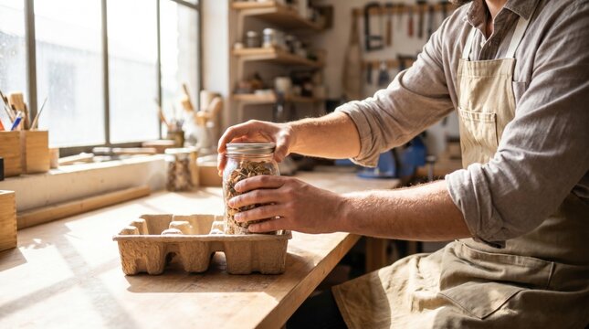 Artisan packaging handmade glass jar into eco friendly molded pulp box in workshop