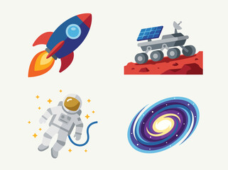 An imaginative group of icons including a rocket, rover, astronaut, and galaxy, representing a captivating theme of space exploration and adventure in a vibrant style. © Yangyang