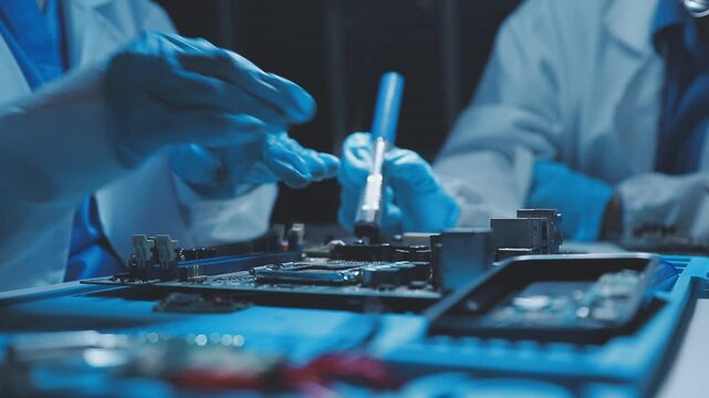A close-up view of a technician wearing black gloves holding a computer processor chip while working on a laptop motherboard with a precision screwdriver.