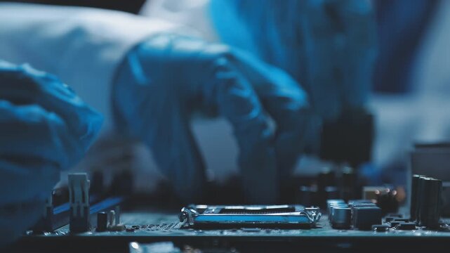 A close-up view of a technician wearing black gloves holding a computer processor chip while working on a laptop motherboard with a precision screwdriver.