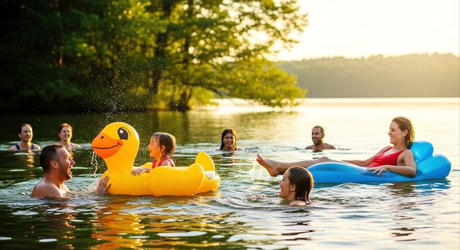 Happy family and friends enjoying summer vacation swimming and playing with inflatable duck on lake at golden hour