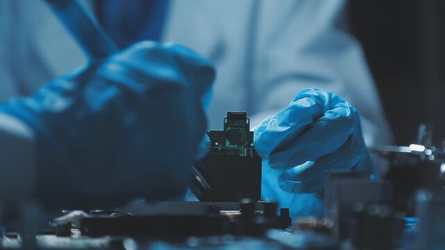 A close-up view of a technician wearing black gloves holding a computer processor chip while working on a laptop motherboard with a precision screwdriver.