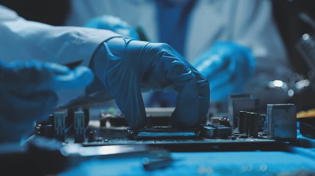 A close-up view of a technician wearing black gloves holding a computer processor chip while working on a laptop motherboard with a precision screwdriver.