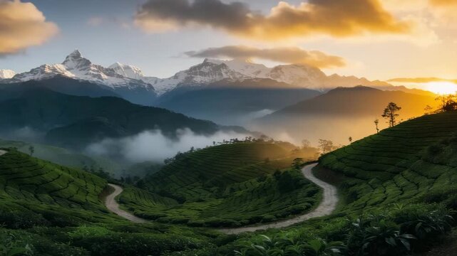 tea leaf plantations in darjeeling  himalayan mountain landscape at sunset india, timelapse video
