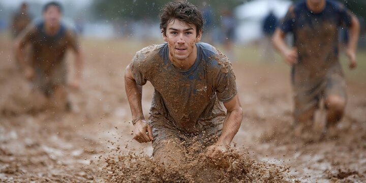 mud run - runners participating in wet and wild race in natural muddy course