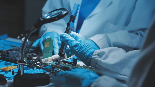 A close-up view of a technician wearing black gloves holding a computer processor chip while working on a laptop motherboard with a precision screwdriver.