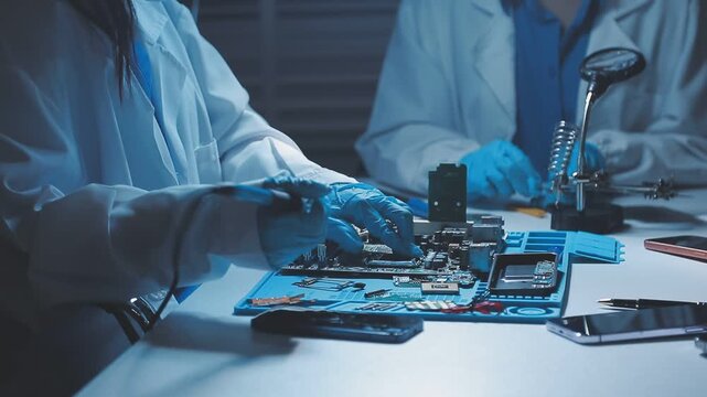 A close-up view of a technician wearing black gloves holding a computer processor chip while working on a laptop motherboard with a precision screwdriver.