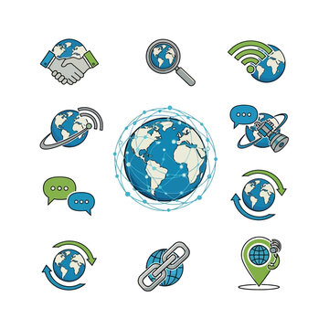 Globe icons with social media symbols.