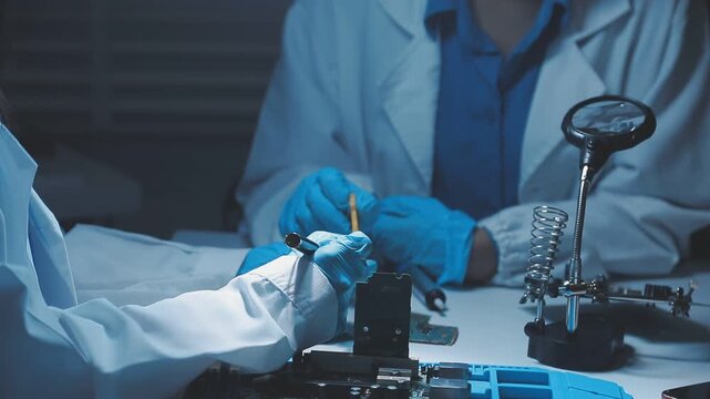 A close-up view of a technician wearing black gloves holding a computer processor chip while working on a laptop motherboard with a precision screwdriver.