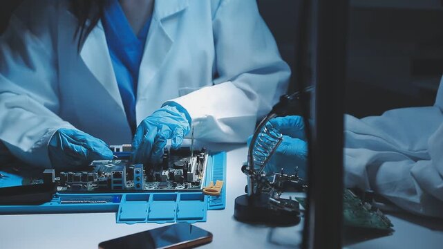 A close-up view of a technician wearing black gloves holding a computer processor chip while working on a laptop motherboard with a precision screwdriver.