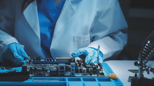 A close-up view of a technician wearing black gloves holding a computer processor chip while working on a laptop motherboard with a precision screwdriver.