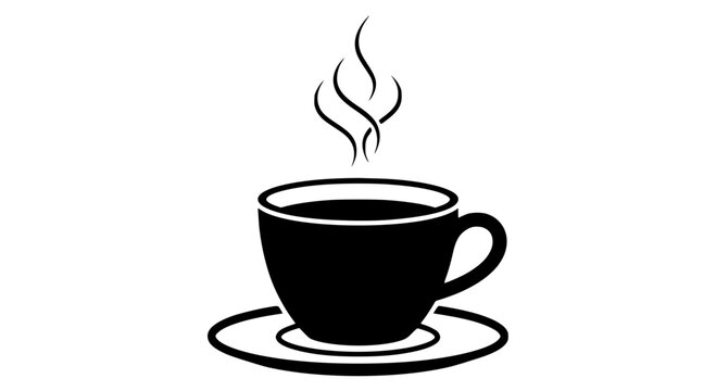 Black coffee cup icon with steam and saucer, isolated on a transparent background. Perfect for cafe logos and menus.