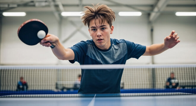 Focused teen playing ping pong, poised to hit ball in intense indoor match. Young athlete demonstrates skill, concentration during competitive table tennis game, paddle ready. Ideal for sports blogs.