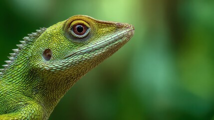 Fototapeta premium Detailed portrait of a green lizard with intricate textured scales and a vivid eye set against a softly blurred natural green background