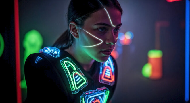 Teen girl playing laser tag, focused in dark, neon lit arena. Glowing laser tag vest shows futuristic patterns, highlighting intense concentration during gameplay.