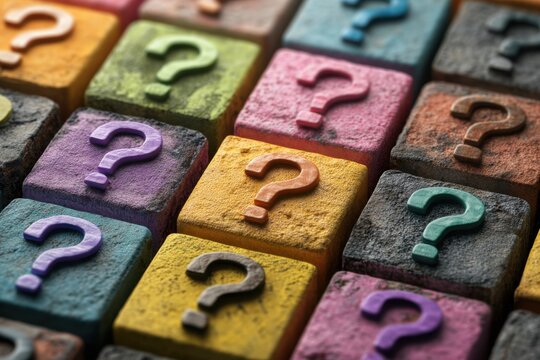 Colorful textured cubes with raised question marks arranged in a grid pattern representing curiosity, inquiry, and the pursuit of answers and knowledge