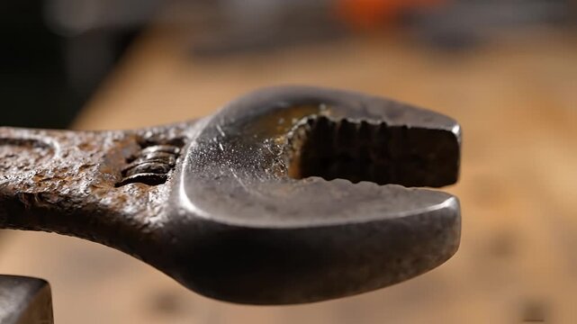 Close up of a rusty adjustable wrench on a wooden surface.