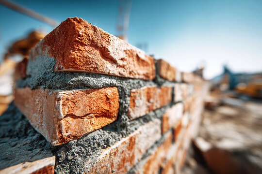 Textured rustic orange brick wall background with concrete mortar detail &ndash; modern professional aesthetic design for construction industry branding, architectural advertising, and website hero image