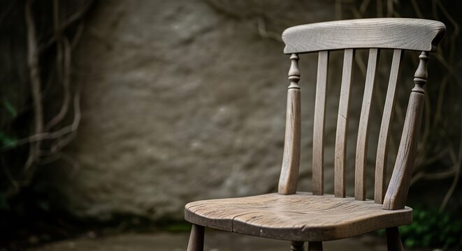 Rustic wooden chair with spindle back against textured stone wall, offering ample copy space for design projects and evoking vintage charm