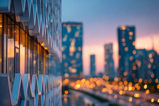 Geometric architectural deep navy blue facade with sunset bokeh lights wallpaper &ndash; modern elegant design for corporate brand identity, urban advertising, and high-end tech website hero image