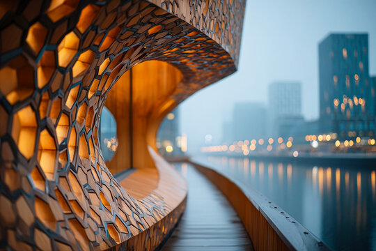 Futuristic warm amber wood geometric honeycomb pattern background &ndash; modern elegant architectural design for urban city branding, corporate advertising layouts, and premium high-end real estate