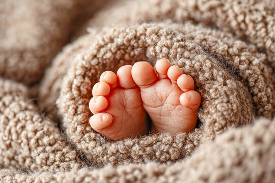 Minimal organic warm beige wool texture background &ndash; elegant newborn baby feet photography for brand identity, advertising, social media, website, product photography, packaging and UI design