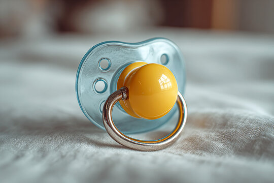 Minimalist baby blue and sunshine yellow plastic pacifier background &ndash; modern elegant aesthetic design for parenting blog content, baby product advertising, and newborn social media marketing