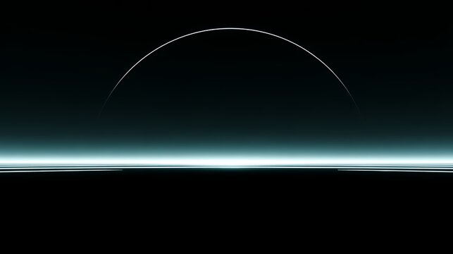 Futuristic Sci-Fi Horizon Line with Cyan Glowing Wireframe Arch Semicircle Ring on Pitch Black Minimalist Background