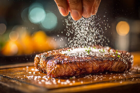 Elegant dark golden brown grilled steak seasoning background &ndash; premium culinary aesthetic design for high-end restaurant menu, gourmet food advertising, and professional chef recipe social media