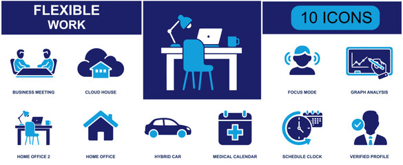 Flexible working icon set. Containing meeting, cloud home, focus mode, analytics, desk setup, hybrid car, calendar, schedule clock, profile check and more. Solid fill vector icons. © Jessica