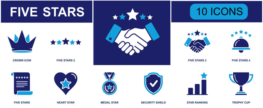 Five star rating icon set. Containing crown, star review, handshake, bell, feedback document, heart favorite, medal award, security shield, ranking chart and more. Solid fill vector icons.