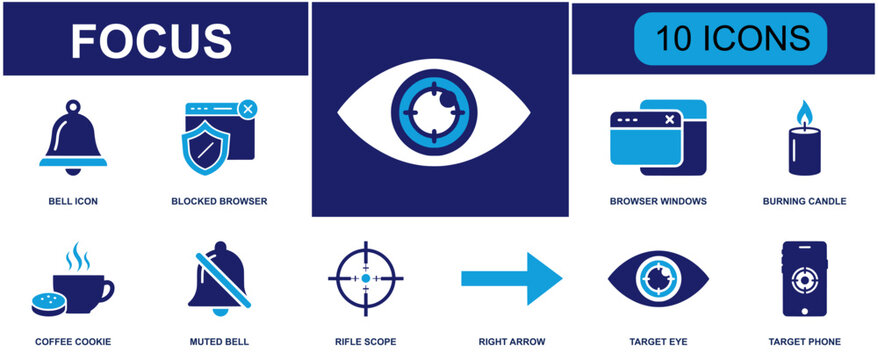 Focus mode icon set. Containing bell, blocked browser, browser windows, burning candle, coffee break, muted bell, rifle scope, target eye, target phone and more. Solid fill vector icons.