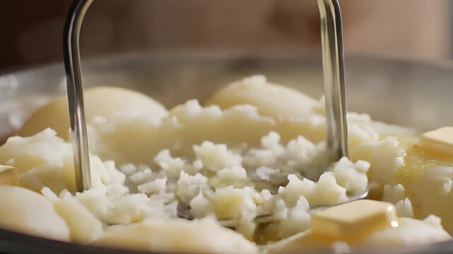 Close up of mashed potatoes being prepared with a potato masher.