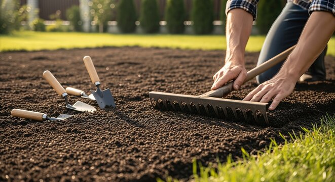 Gardener raking dark soil for perfect lawn seedbed in backyard garden with tools
