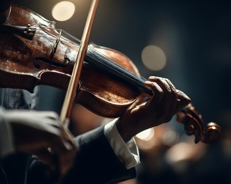 harmony of classical music captured in a close-up of a violin bow gliding across strings in a moody, atmospheric setting