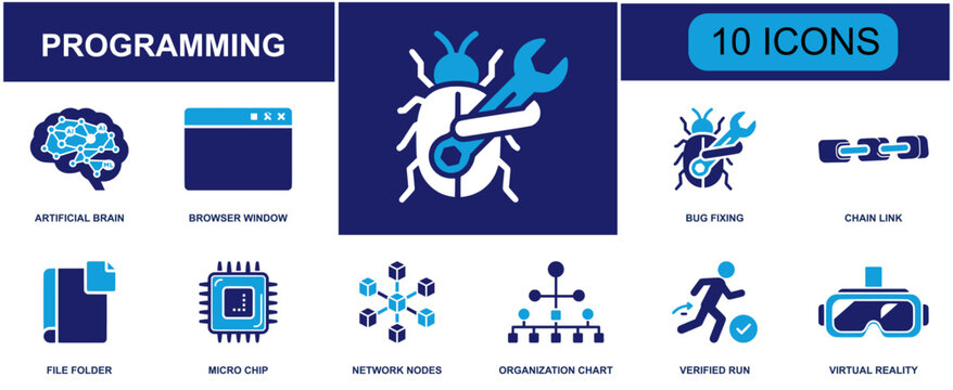 Programming icon set. Containing AI brain, browser window, bug fixing, chain link, file folder, micro chip, network nodes, org chart, virtual reality and more. Solid fill vector icons.
