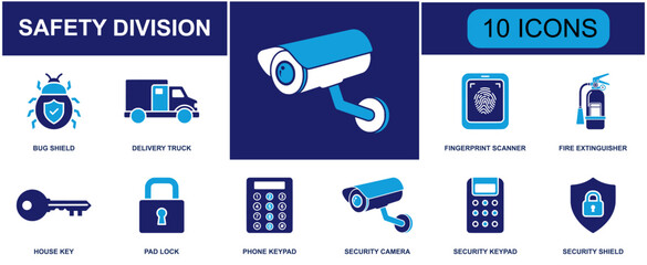 Security icon set. Containing bug shield, truck, fingerprint scanner, fire extinguisher, house key, pad lock, keypad, CCTV camera, security shield and more. Solid fill vector icons. © Jessica