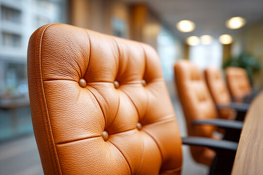 Elegant cognac brown leather tufted office chair textured background &ndash; premium modern corporate interior design for business meeting room branding, executive office advertising and professional