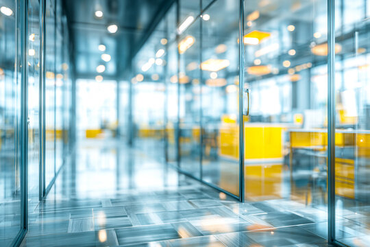 Modern abstract cool cyan blue and bright yellow glass office background &ndash; elegant professional workspace interior design for corporate branding, advertising, website layout and business presentation