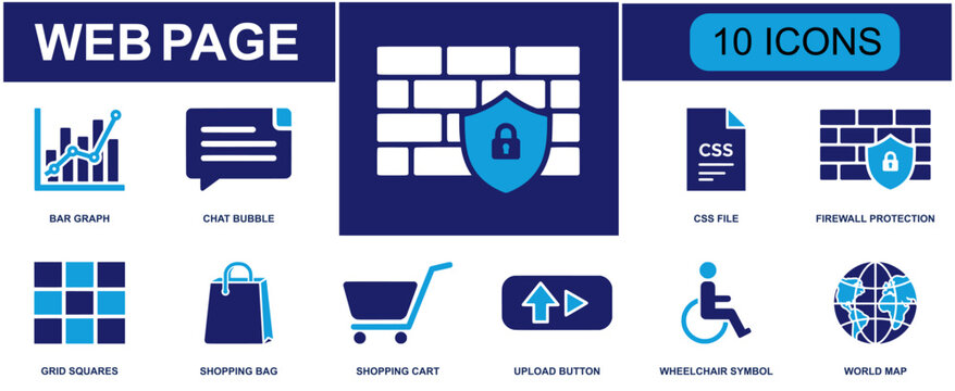 Web page icon set. Containing bar graph, chat bubble, CSS file, firewall, grid squares, shopping cart, upload button, wheelchair symbol, world map and more. Solid fill vector icons.