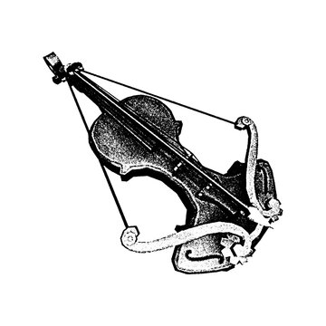 Artistic conceptual illustration featuring a classical violin integrated with a mechanical crossbow mechanism designed in a unique vintage stippled texture style