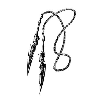 Detailed illustration of dual fantasy daggers attached to a long metal chain captured in this artistic black and white photo