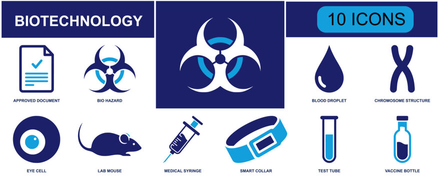 Biotechnology icon set. Containing dna, laboratory, genetics, microbiology, healthcare, science research, vaccine, bioengineering and more. Solid fill vector icons collection.