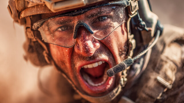 Intense soldier wearing protective gear and tactical headset shouting in gritty battlefield environment with dust and dirt visible on face and uniform