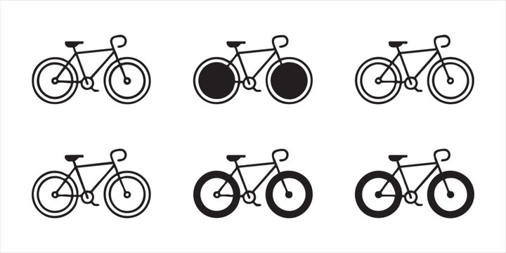 Bicycle icons set with different wheel styles and frame designs for various road cycling activities.