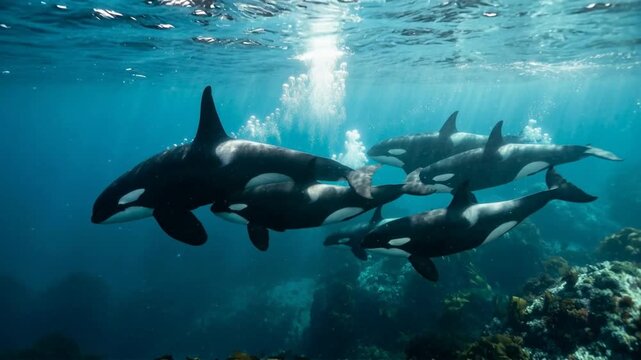 stunning orca killer whales swimming underwater in search of food video