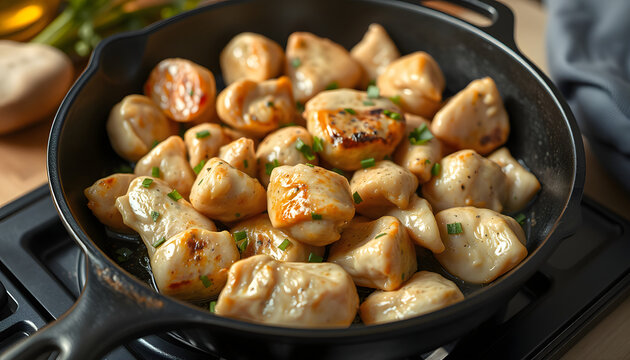 Healthy cooked chicken pieces in a cast iron skillet, 8k  photorealism. White tone
