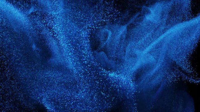 Blue Abstract turbulent and flowing liquid particles. Motion background with blue flow for event, concert, title, presentation, music, VJ. 4K loop