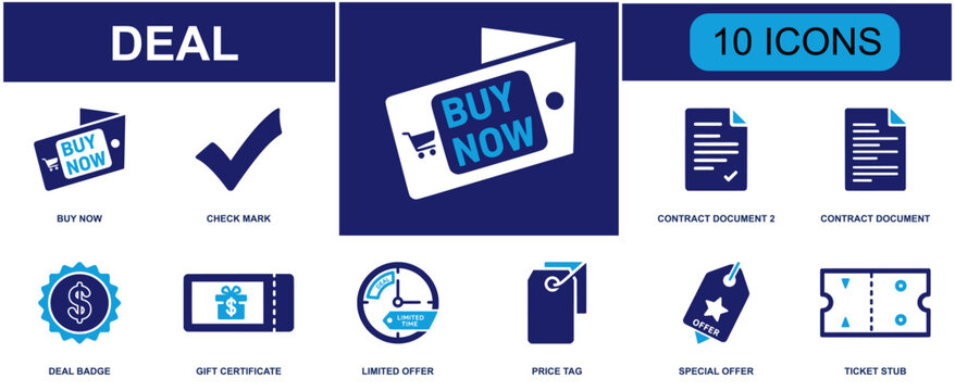 Deal icon set. Containing agreement, partnership, contract, negotiation, business growth, handshake, finance, corporate strategy and more. Solid fill vector icons collection.