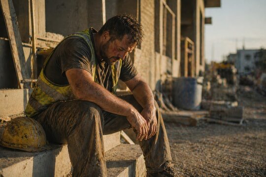 Construction worker feeling dejected on a construction site, exhausted, and overwhelmed